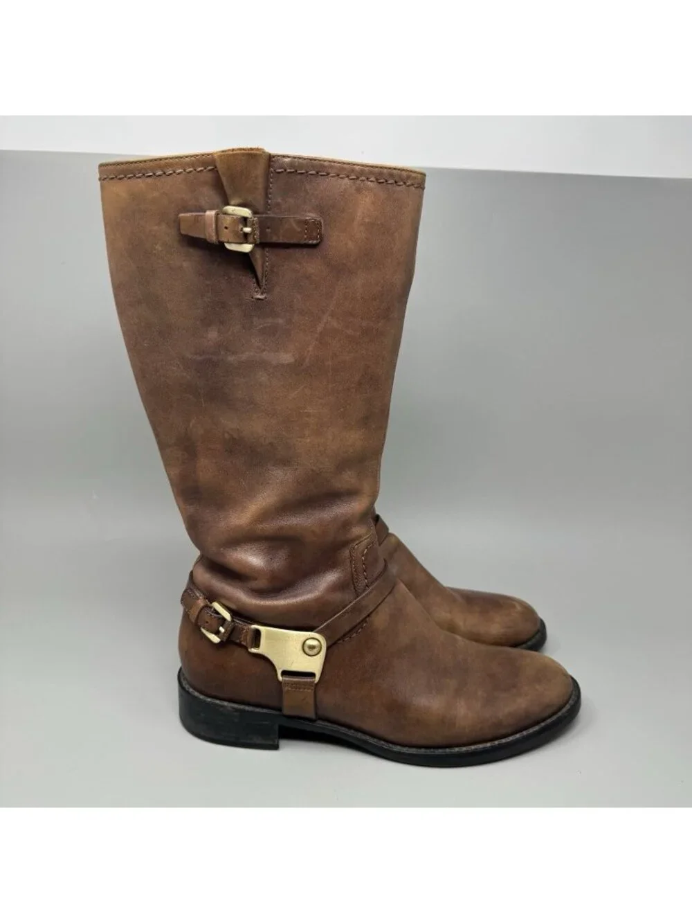 Ecco Hobart Harness Tall Brown Leather Riding Boots Women's Size 7.5 US